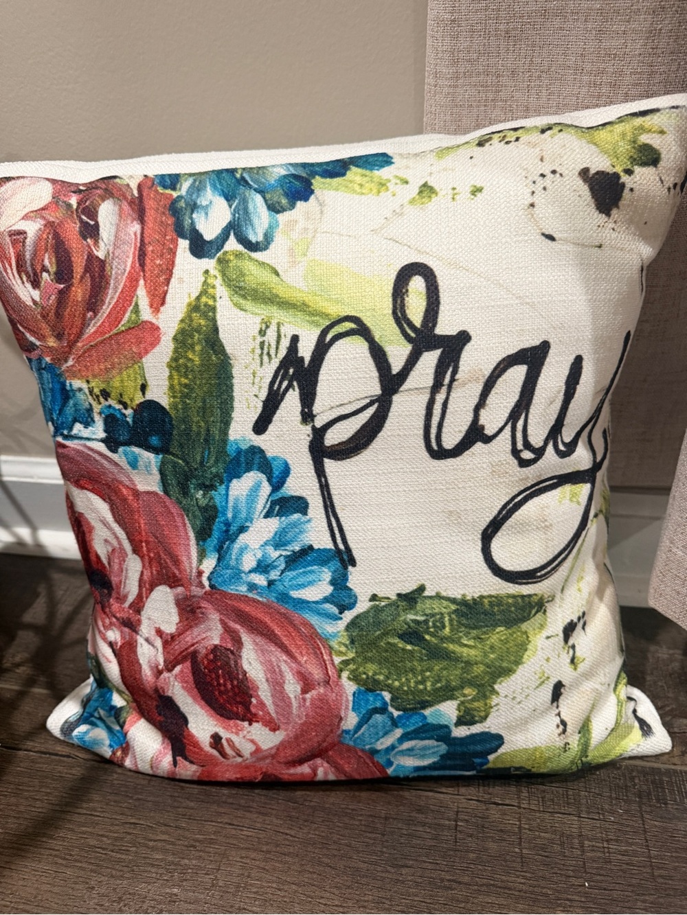 Floral 'Pray' Accent Pillow in Red, Blue & Green